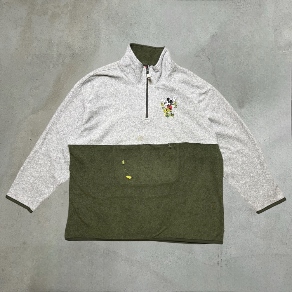 Vintage Mickey Unlimited Fleece Pullover Mens XL Gray Green Disney Quarter Zip